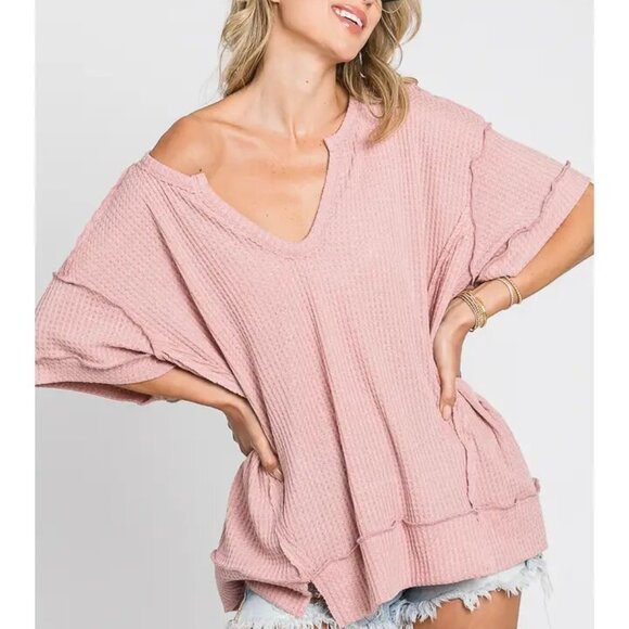 Tops - Oversized V-Neck with Waffle Top s,m,l,xl